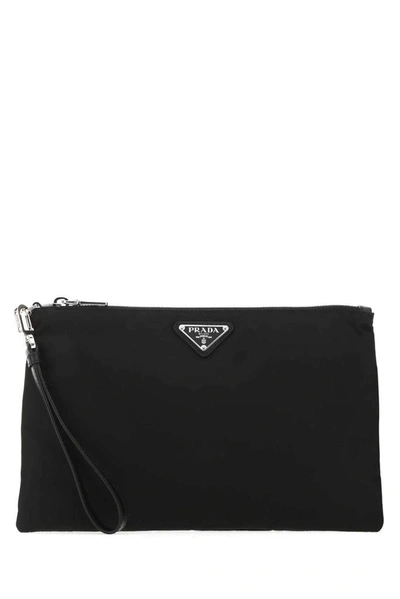 Prada Logo Plaque Pouch In Black