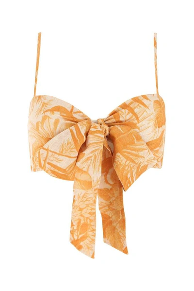 Zimmermann Mae Cropped Tie-detailed Printed Linen Top In Orange,beige