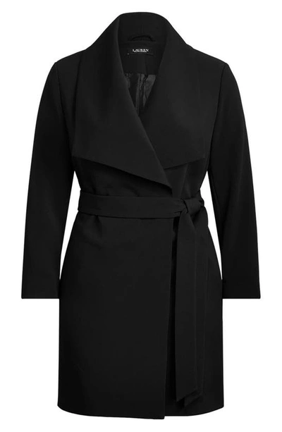 Lauren Ralph Lauren Belted Drape Front Crepe Coat In Black