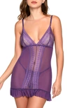 ICOLLECTION JACQUARD LACE & MESH CHEMISE & G-STRING THONG SET,7625X