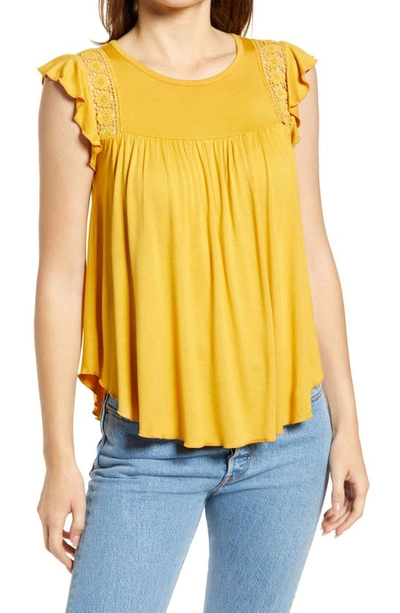 Loveappella Crochet Inset Flutter Top In Sunflower