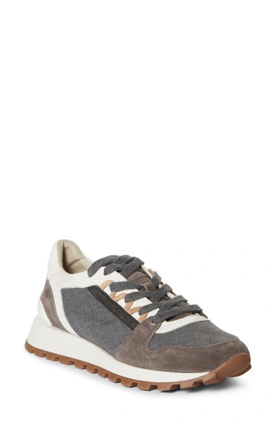 Brunello Cucinelli Monili-trimmed Suede & Leather Sneakers In Grey