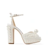 Jimmy Choo Sacaria Faux Pearl-embellished Satin Peep-toe Sandals In Neutral