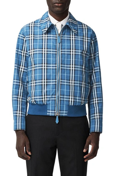 Burberry Sellan Logo Applique Check Harrington Jacket In Dark Cerulean Blue