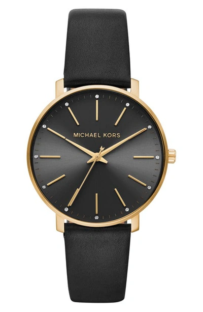 Michael Kors Pyper Leather Strap Watch, 38mm In Black/ Gold