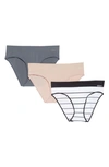 Dkny Seamless Litewear 3-pack Bikinis In Graphite/ Poplin Stripe/ Shell