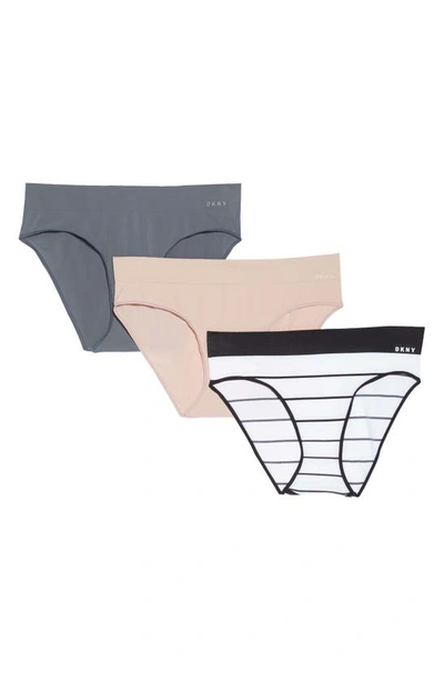 Dkny Seamless Litewear 3-pack Bikinis In Graphite/ Poplin Stripe/ Shell