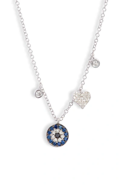 Meira T Evil Eye & Heart Diamond & Sapphire Necklace In White Gold