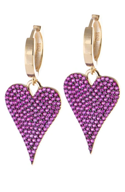 Shymi Pavé Heart Drop Huggie Hoop Earrings In Gold / Hot Pink