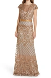 Tadashi Shoji Sequin Illusion Lace Gown In Copper/shadow