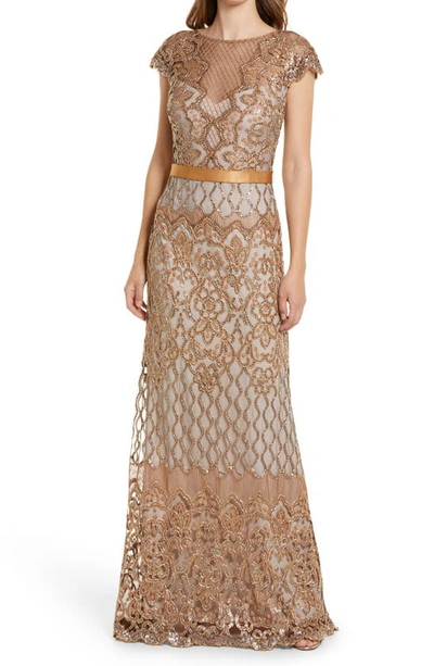 Tadashi Shoji Sequin Illusion Lace Gown In Copper/shadow