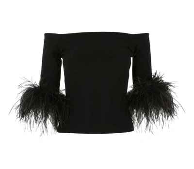 Saint Laurent Feather Trim Off The Shoulder Cashmere Knit Top In Noir