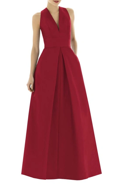 Alfred Sung Sleeveless Pleated Skirt Dupioni Dress With Pockets In Barcelona Red