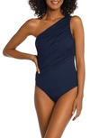 La Blanca Island Goddess Ruched One-shoulder One-piece Swimsuit In Indigo