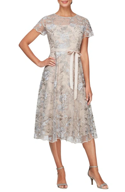 Alex Evenings Floral Embroidered Cocktail Dress In Taupe