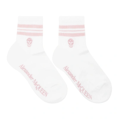Alexander Mcqueen White & Pink Stripe Skull Socks In White,pink