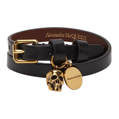 Alexander Mcqueen Leather Double-wrap Bracelet With Skull Charm In Black