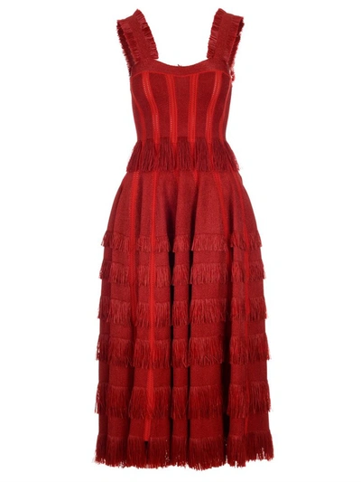 Alaïa Raffia-trimmed Knit Midi Dress In Red