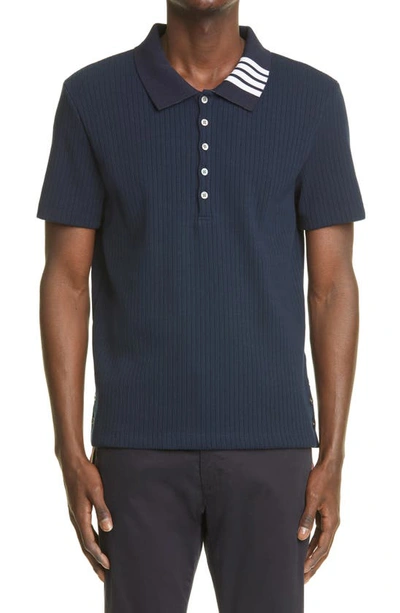 Thom Browne Men's Short-sleeve 4 Bar Ribbed Polo In Blue
