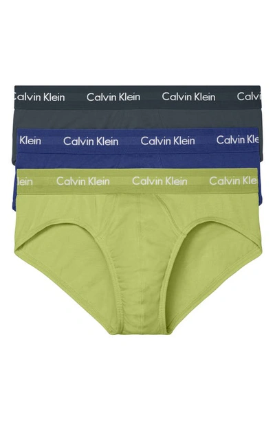 Calvin Klein 3-pack Moisture Wicking Stretch Cotton Briefs In Blue/ Green/ Grey