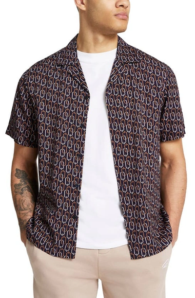 River Island Revere Chain Print Short Sleeve Button-up Shirt In Black