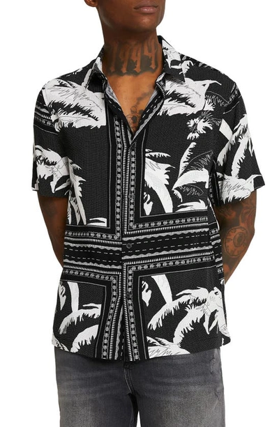 River Island Mono Floral Short Sleeve Button-up Shirt In Black