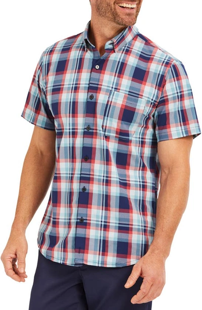 Mizzen + Main Leeward Trim Fit Plaid Short Sleeve Performance Button-up Shirt In Navy And Red Madras
