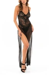 Oh La La Cheri Valentine Long Lace & Mesh Chemise & Thong Set In Black