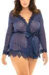 Oh La La Cheri Plus Size Provence Eyelash Lace Robe Set In Estate Blue