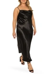 Standards & Practices Cowl Neck Spaghetti Strap Satin Slip Midi Dress In Black