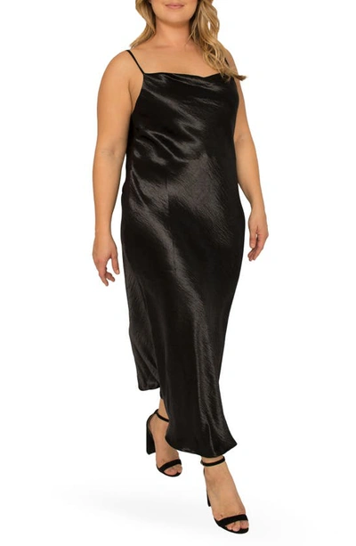 Standards & Practices Cowl Neck Spaghetti Strap Satin Slip Midi Dress In Black