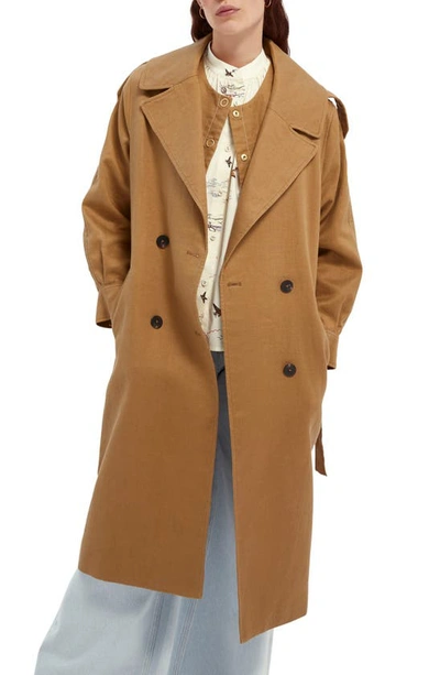 Scotch & Soda Double Breasted Trench Coast In Brown