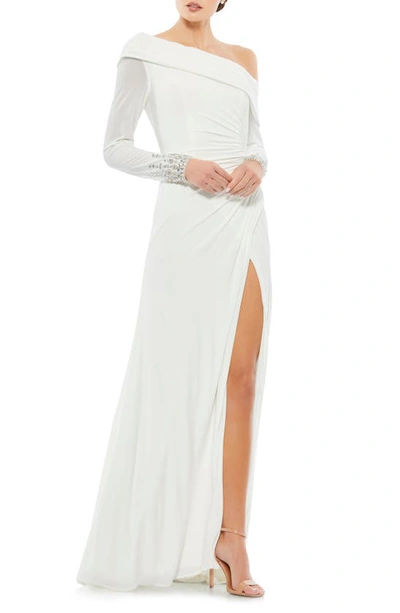 Mac Duggal One-shoulder Jersey Ruched Side Slit Gown In White