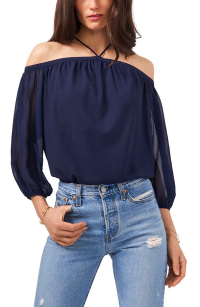 1.state Off The Shoulder Sheer Chiffon Blouse In Twilight Navy