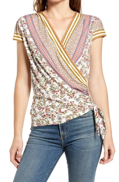 Loveappella Wrap Front Top In Ivory/ Coral