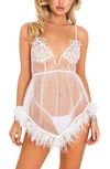 ROMA CONFIDENTIAL BRIDAL CORSET CHEMISE WITH OSTRICH FEATHER TRIM & THONG,LI450