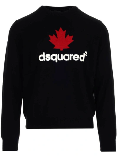 Dsquared2 Leaf Intarsia Wool Knit Sweater In Blue