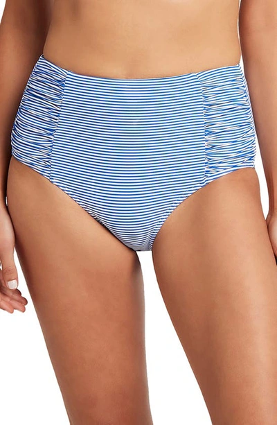 Sea Level High Waist Stripe Bikini Bottoms In Azure