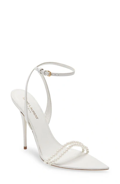Saint Laurent Luna Imitation Pearl Ankle Strap Sandal In White