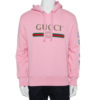 Pre-owned Gucci Pink Cotton Logo Dragon Embroidered Hoodie Xs