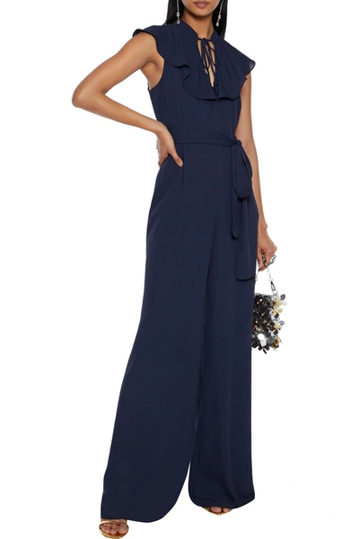Mikael Aghal Ruffled Belted Crepe Jumpsuit In Navy