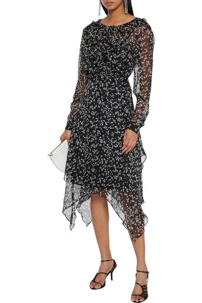 Mikael Aghal Asymmetric Belted Ruffled Printed Crepon Dress In Black