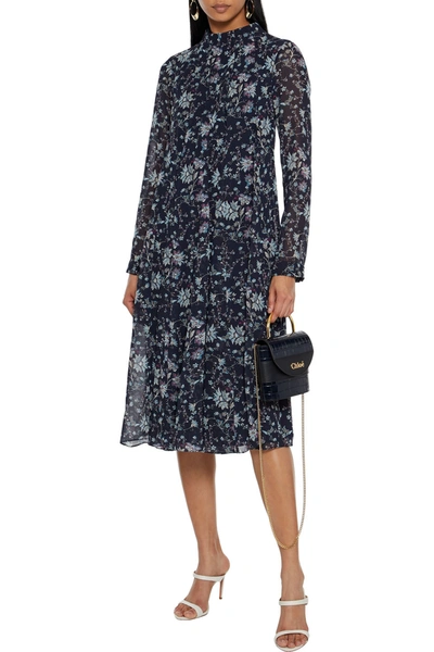Mikael Aghal Pleated Floral-print Crepe De Chine Midi Dress In Midnight Blue