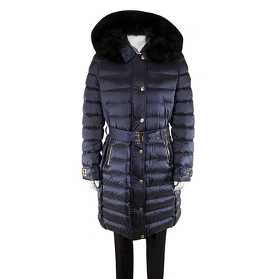 Burberry Ladies Navy Ashmore Fur-trimmed Quilted Down Coat, Brand Size Large In Blue