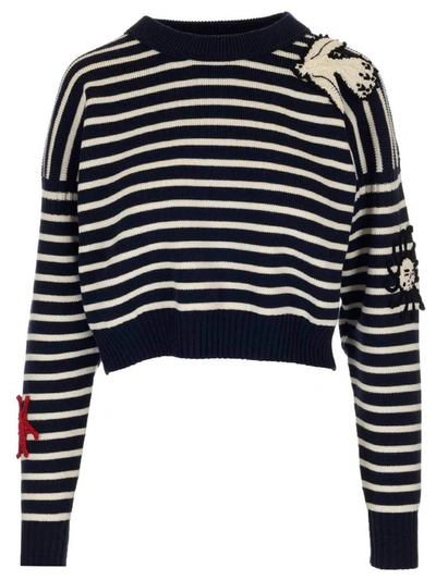 Alexander Mcqueen Black And White Striped Jumper With Embroidery In Multicolor