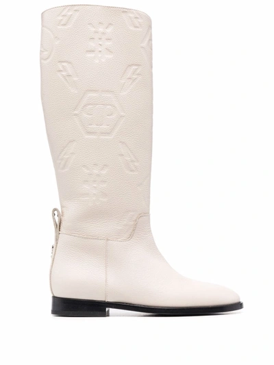 Philipp Plein Embossed-logo Knee-high Boots In Nude