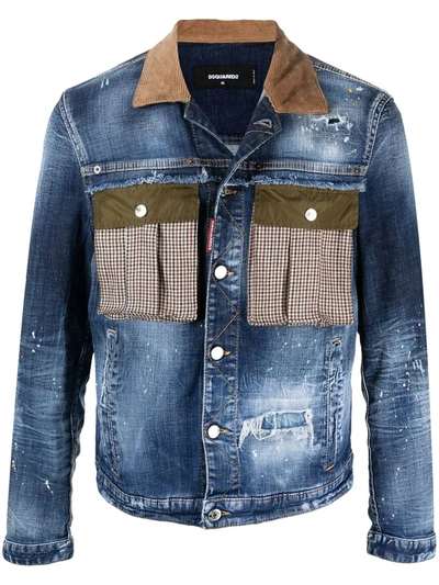 Dsquared2 Contrasting-collar Ripped Denim Jacket In Blau