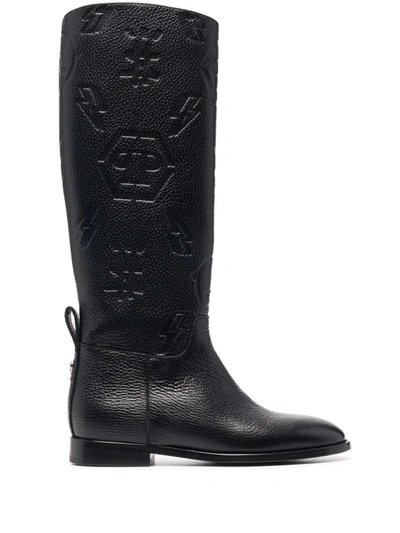 Philipp Plein Embossed-logo Knee-high Boots In Schwarz