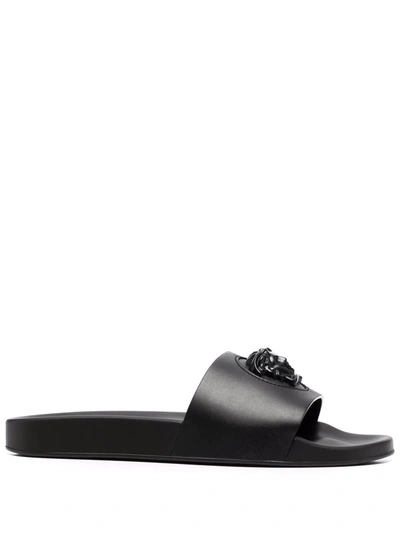 Versace La Medusa Leather Slides In Black