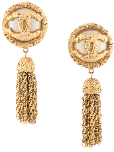 Pre-owned Chanel 1993 Faux-pearl Cc Tassel Clip-on Earrings In Gold